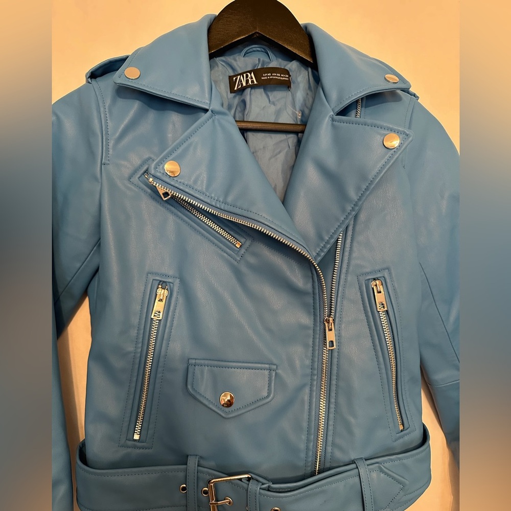 ZARA Faux Leather Blue Moto Jacket XS Biker Blogger Favorite TikTok Style - Picture 7 of 15